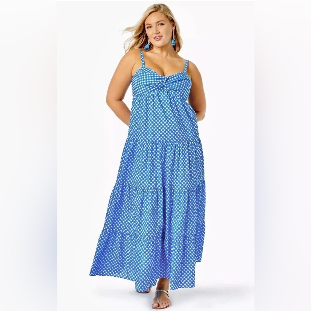Lilly Pulitzer Shylee Boca Blue Double Checking Cotton Maxi Dress Size 14 New